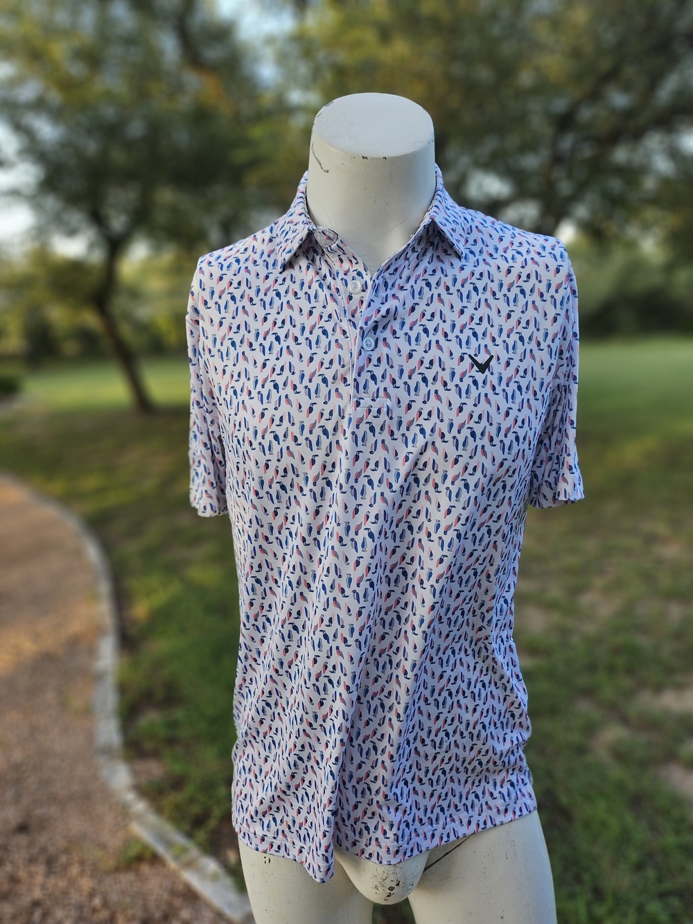 Callaway Pink and Light Blue Patterned Toucan Birds Men's Polo Shirt S